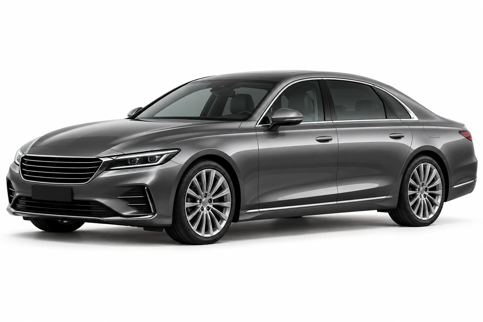 Illustrative graphite executive sedan in a white studio